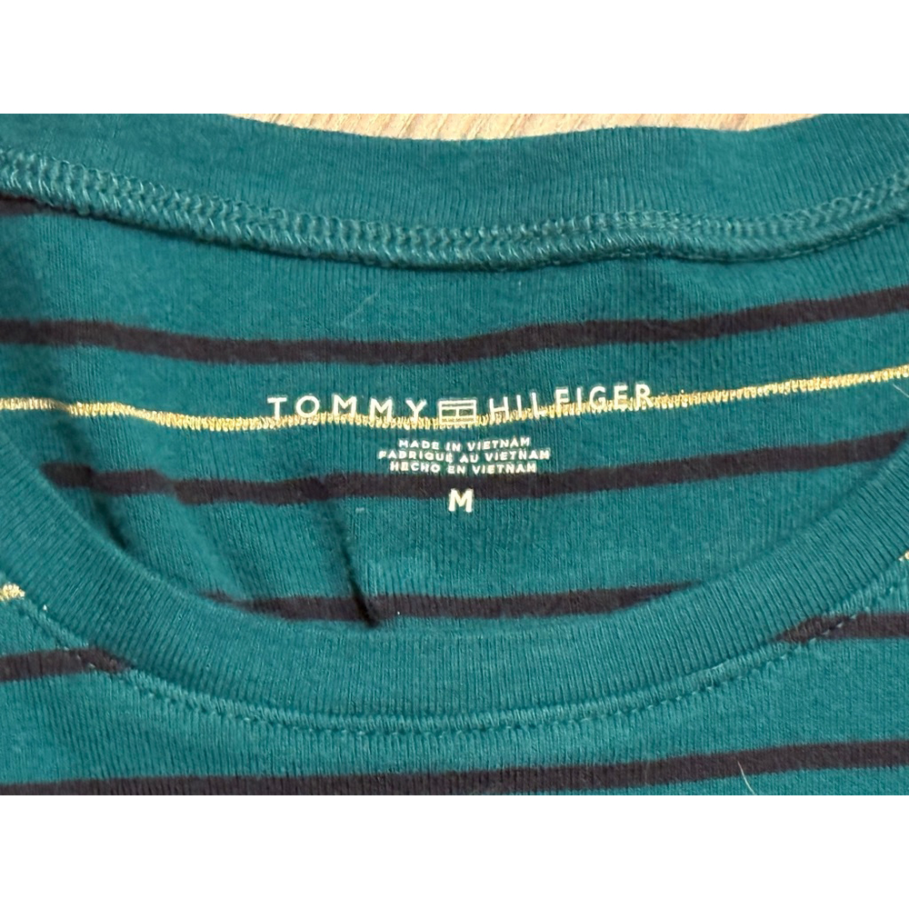 Tommy Hilfiger Women’s Striped T-Shirt Size M Green/Gold Short Sleeve Logo Tee - Picture 7 of 7